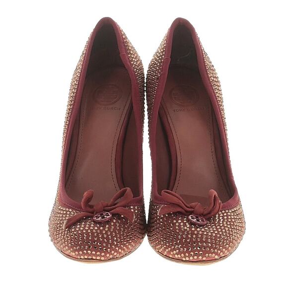 Tory Burch Phoenix Charm Logo Pumps Pave Crystal Conceria Cameo Shoes Sz 7 - Picture 2 of 2